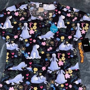 Disney Women's Scrub Work Top - Black with Pink and Blue Eeyore Design